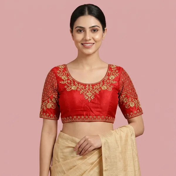 Maroon_Silk_Round_Neck_Padded_Blouse_For_Women