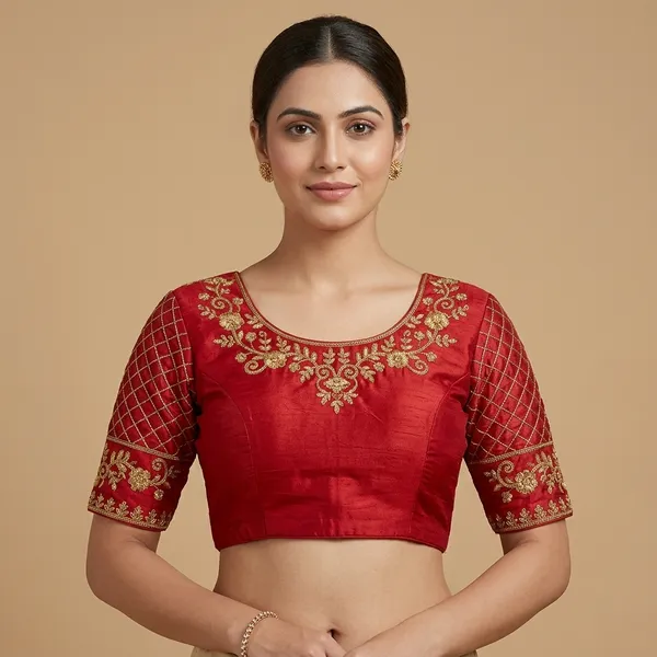 Maroon_Silk_Round_Neck_Padded_Blouse_For_Women
