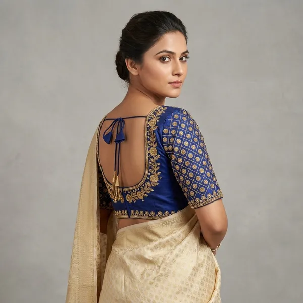 Navy_Blue_Silk_Padded_Hook_Closure_Blouse_For_Women