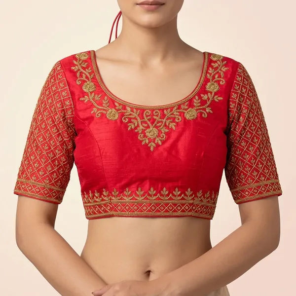 Red_Silk_Short_Sleeve_Round_Neck_Blouse_For_Women