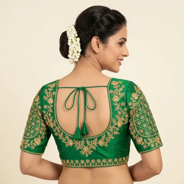 Green_Silk_Padded_Round_Neck_Blouse_For_Women