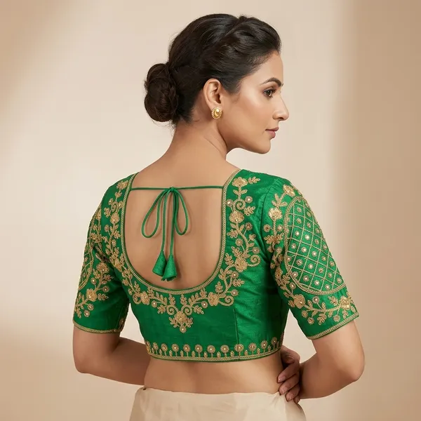 Green_Silk_Padded_Round_Neck_Blouse_For_Women