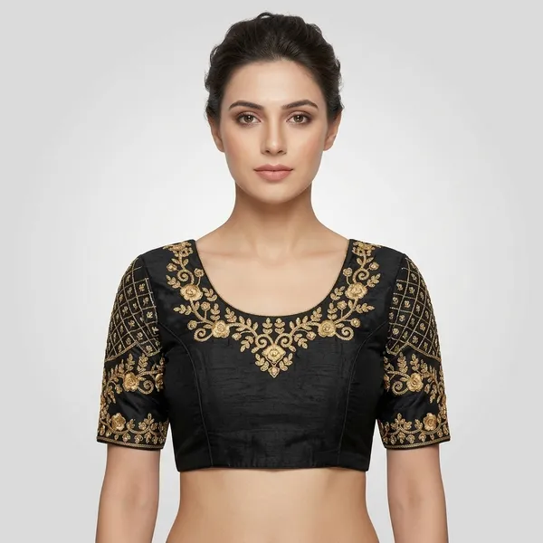 Black_Silk_Padded_Round_Neck_Blouse_For_Women
