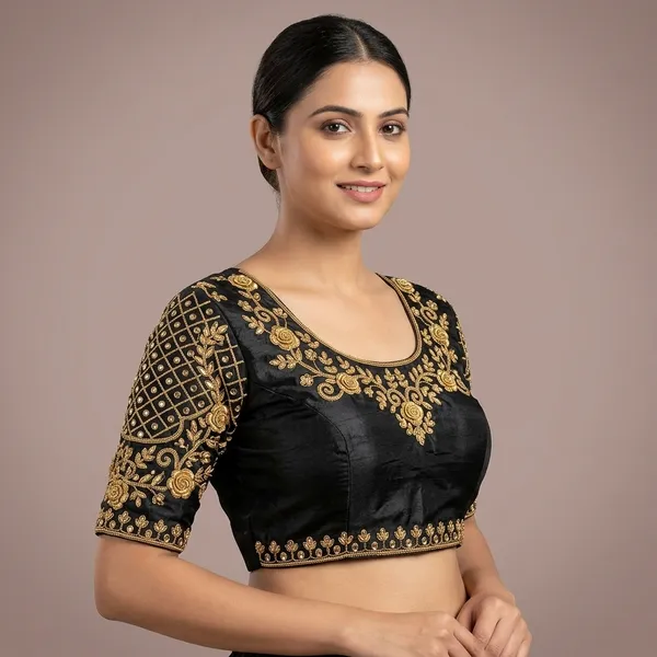 Black_Silk_Padded_Round_Neck_Blouse_For_Women