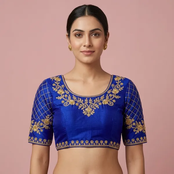 Blue_Silk_Padded_Round_Neck_Blouse_For_Women