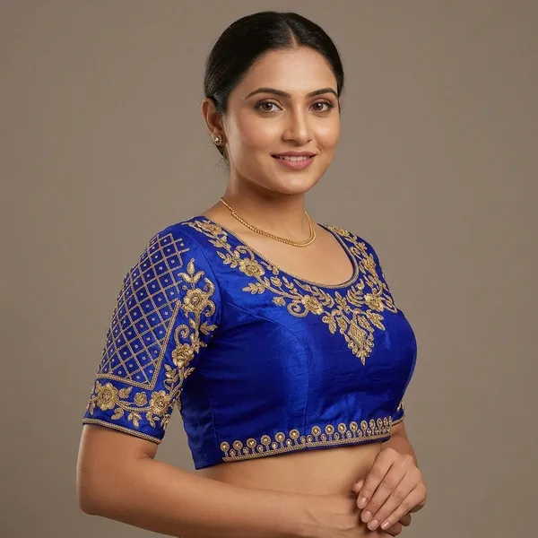 Blue_Silk_Padded_Round_Neck_Blouse_For_Women