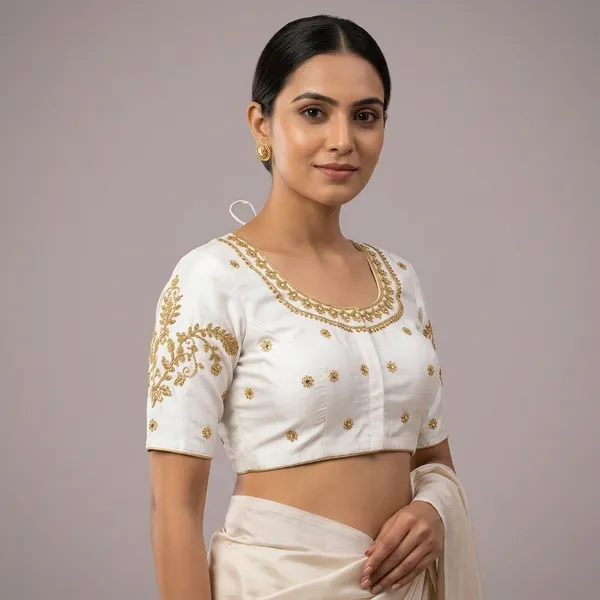 White_Silk_Round_Neck_Padded_Blouse_For_Women