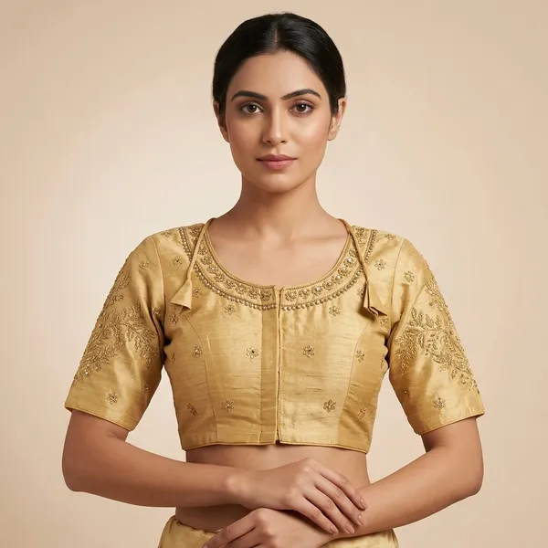 Gold_Silk_Padded_Front_Open_Blouse_For_Women