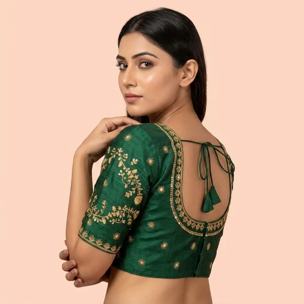 Dark_Green_Silk_Embroidered_Padded_Blouse_For_Women
