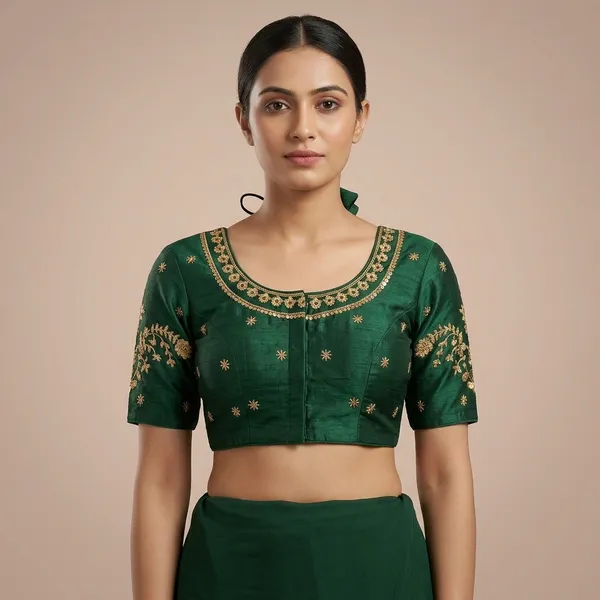 Dark_Green_Silk_Embroidered_Padded_Blouse_For_Women