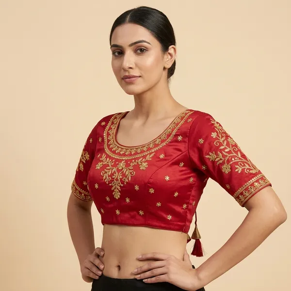 Red_Silk_Padded_Floral_Embroidered_Round_Neck_Blouse_For_Women