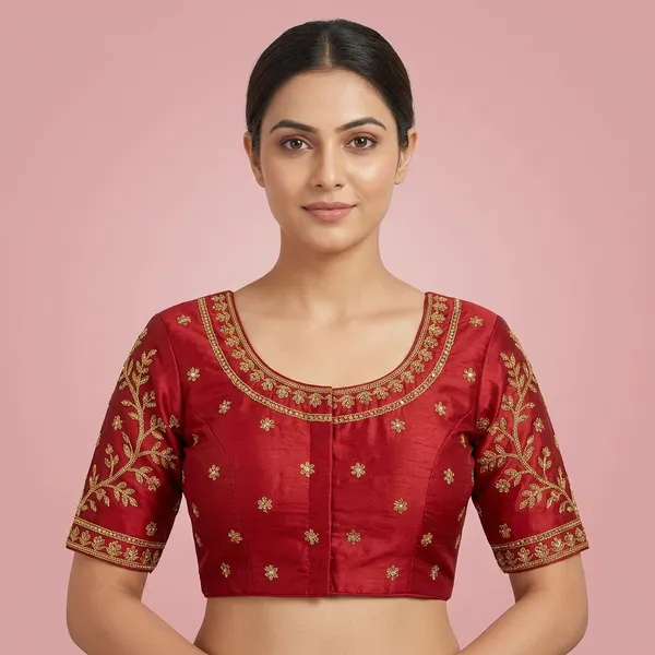 Red_Silk_Padded_Floral_Embroidered_Round_Neck_Blouse_For_Women