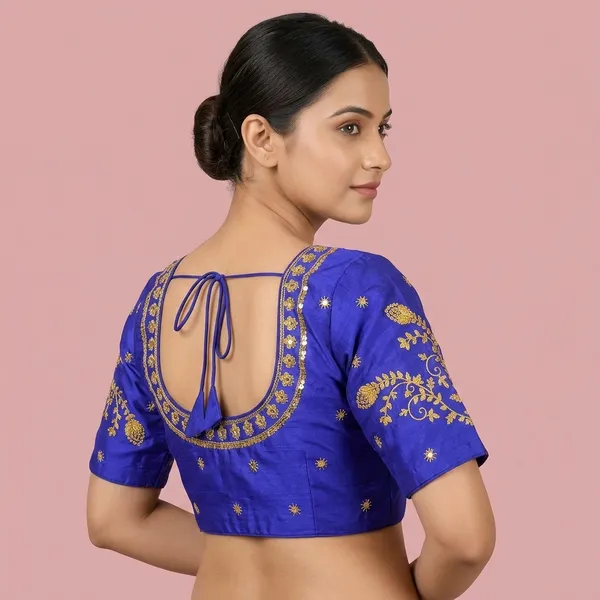 Blue_Silk_Padded_Round_Neck_Blouse_For_Women