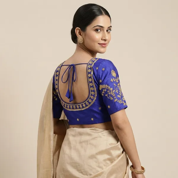 Blue_Silk_Padded_Round_Neck_Blouse_For_Women