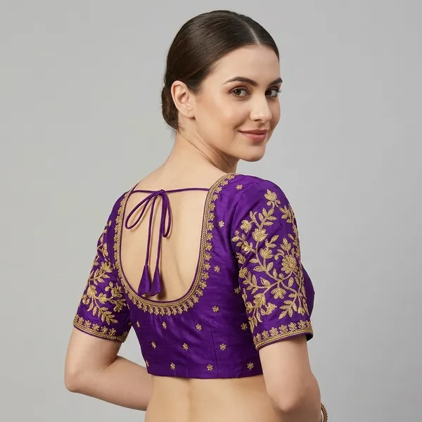 Violet_Silk_Short_Sleeve_Round_Neck_Blouse_For_Women