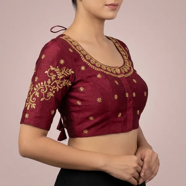 Maroon_Silk_Padded_Round_Neck_Blouse_For_Women
