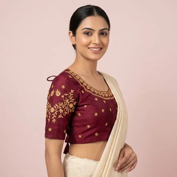 Maroon_Silk_Padded_Round_Neck_Blouse_For_Women