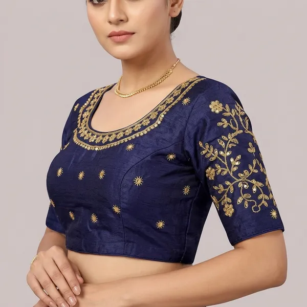 Navy_Blue_Silk_Round_Neck_Padded_Blouse_For_Women