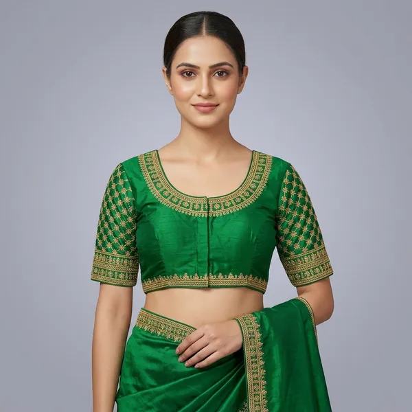 Green_Silk_Padded_Round_Neck_Blouse_For_Women