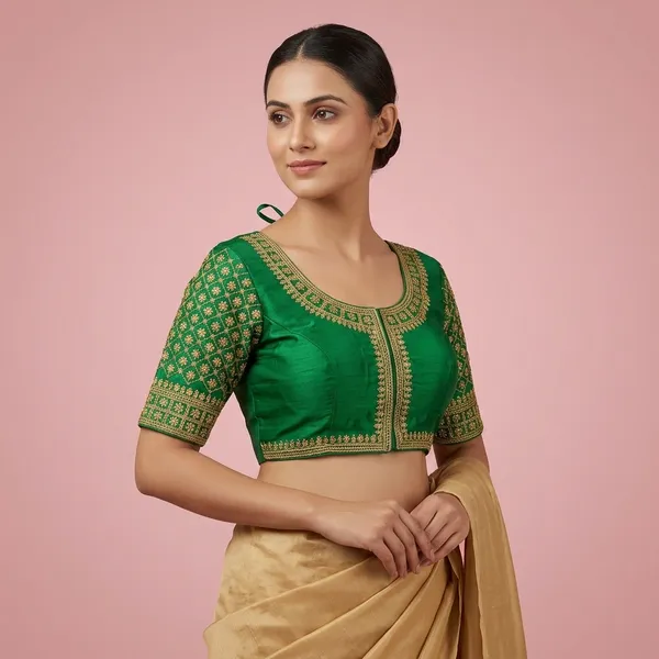 Green_Silk_Padded_Round_Neck_Blouse_For_Women