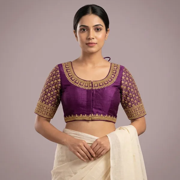 Wine_Silk_Padded_Round_Neck_Blouse_For_Women