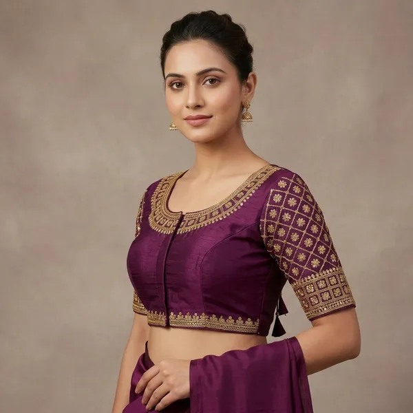 Wine_Silk_Padded_Round_Neck_Blouse_For_Women