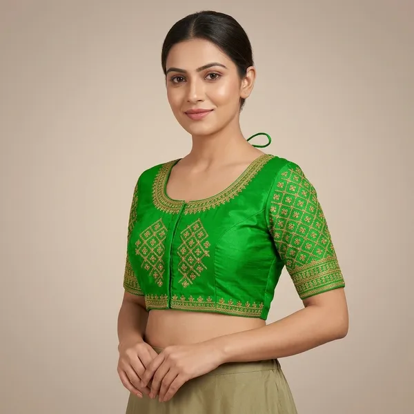 Green_Silk_Short_Sleeve_Round_Neck_Blouse_For_Women