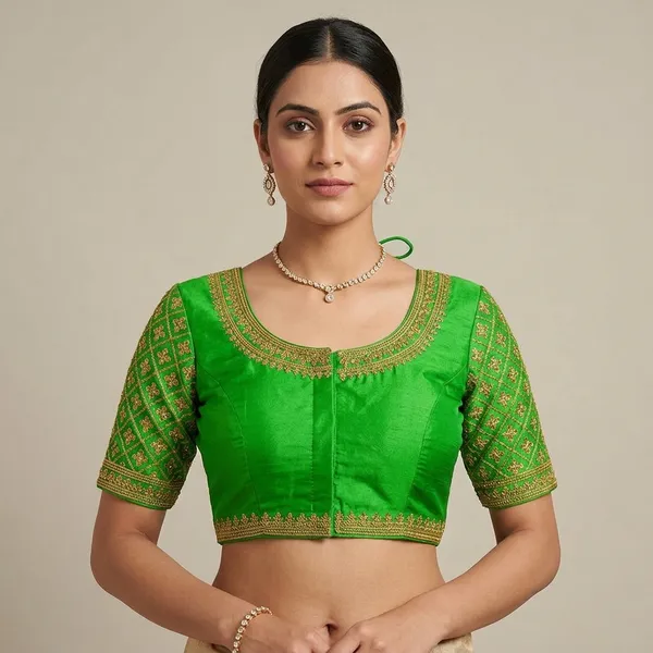 Green_Silk_Short_Sleeve_Round_Neck_Blouse_For_Women