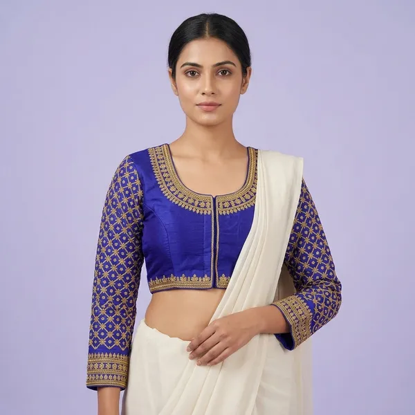 Blue_Silk_Padded_Front_Open_Round_Neck_Blouse_For_Women