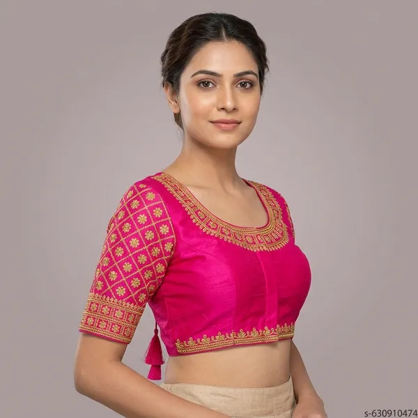 Pink_Silk_Padded_Front_Open_Round_Neck_Blouse_For_Women