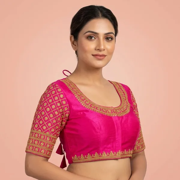 Pink_Silk_Padded_Front_Open_Round_Neck_Blouse_For_Women
