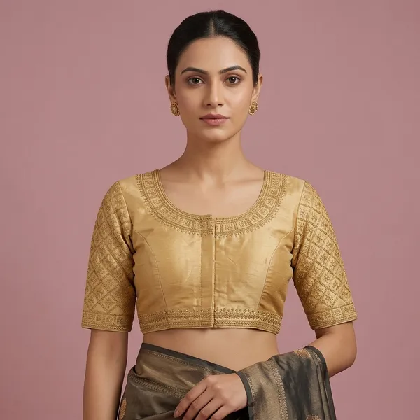 Beige_Silk_Padded_Front_Open_Round_Neck_Blouse_For_Women