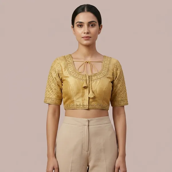 Beige_Silk_Padded_Front_Open_Round_Neck_Blouse_For_Women