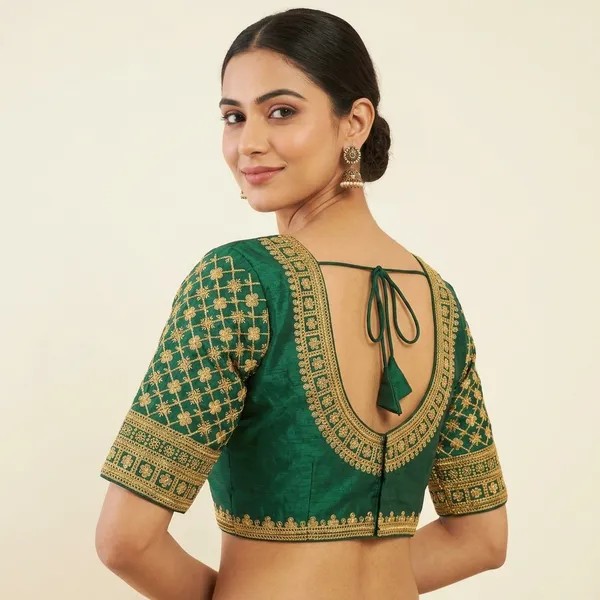 Dark_Green_Silk_Padded_Round_Neck_Blouse_For_Women