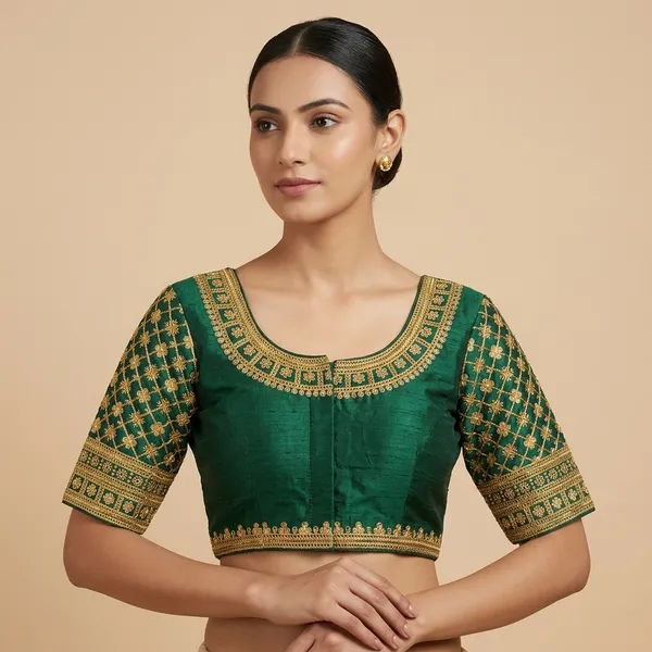 Dark_Green_Silk_Padded_Round_Neck_Blouse_For_Women