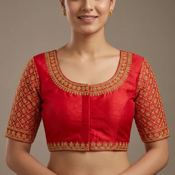 Red_Silk_Padded_Front_Open_Blouse_For_Women