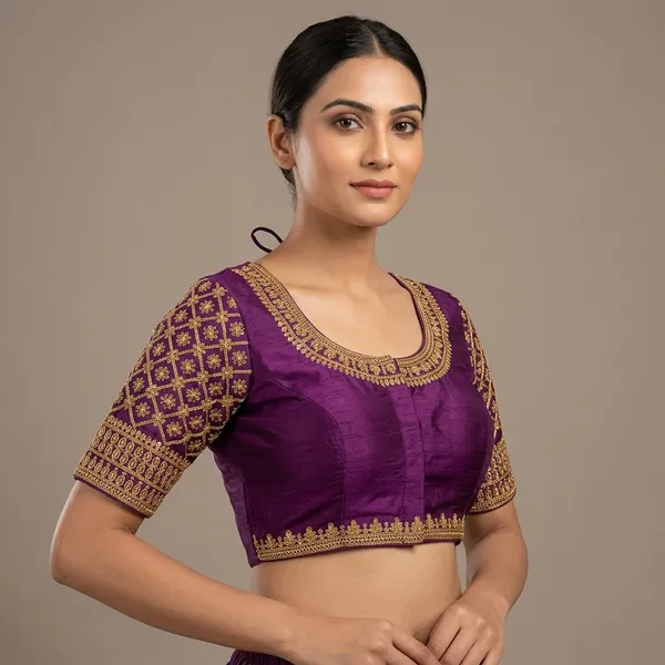 Violet_Silk_Short_Sleeve_Front_Open_Round_Neck_Blouse_For_Women