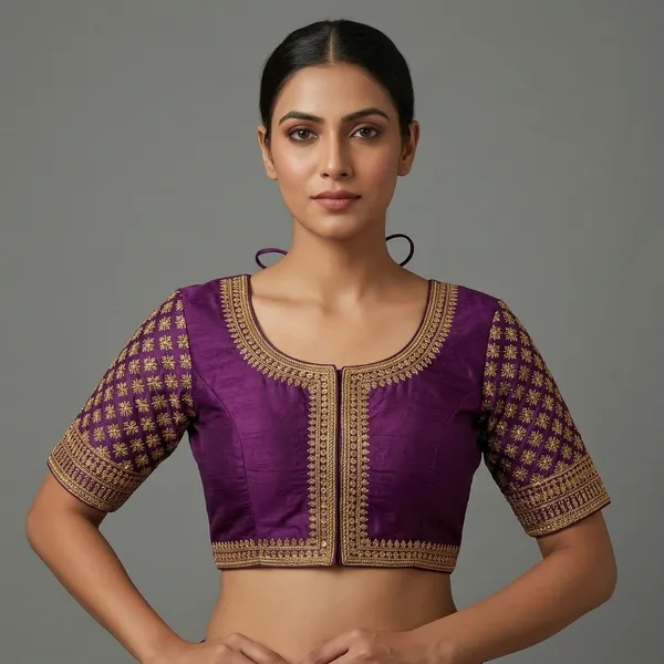 Violet_Silk_Short_Sleeve_Front_Open_Round_Neck_Blouse_For_Women
