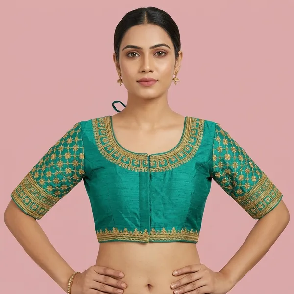 Teal_Silk_Padded_Front_Open_Round_Neck_Blouse_For_Women