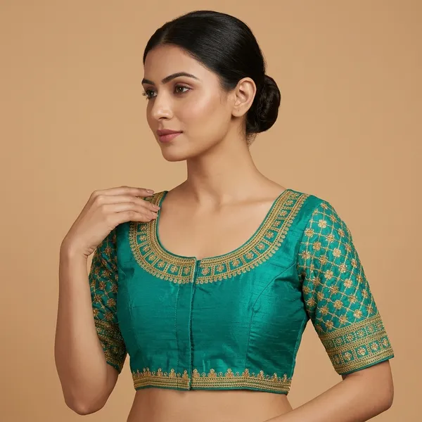 Teal_Silk_Padded_Front_Open_Round_Neck_Blouse_For_Women