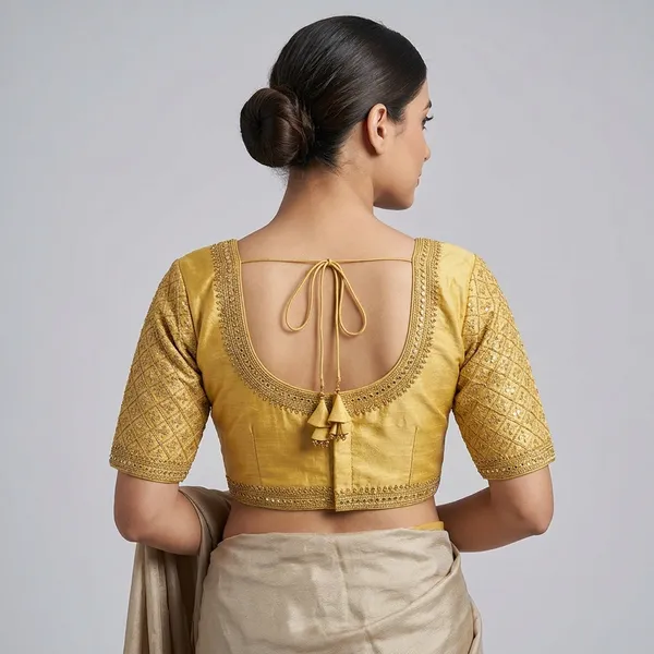 Gold_Silk_Round_Neck_Padded_Blouse_For_Women