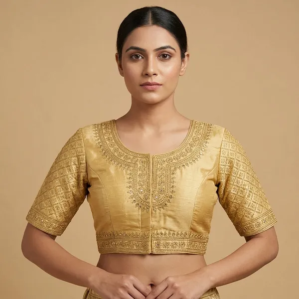Gold_Silk_Round_Neck_Padded_Blouse_For_Women
