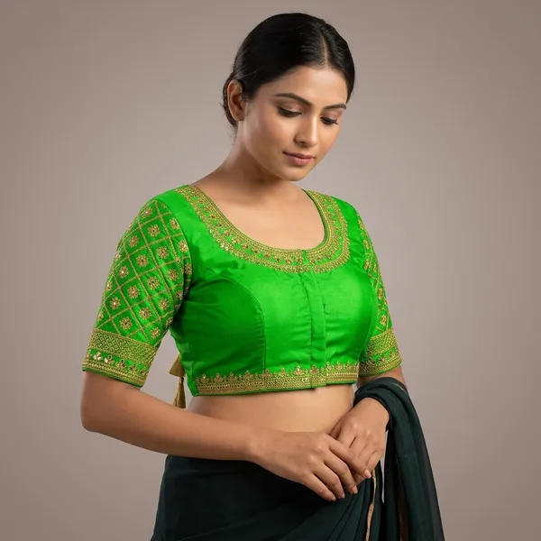 Mint_Green_Silk_Padded_Round_Neck_Blouse_For_Women