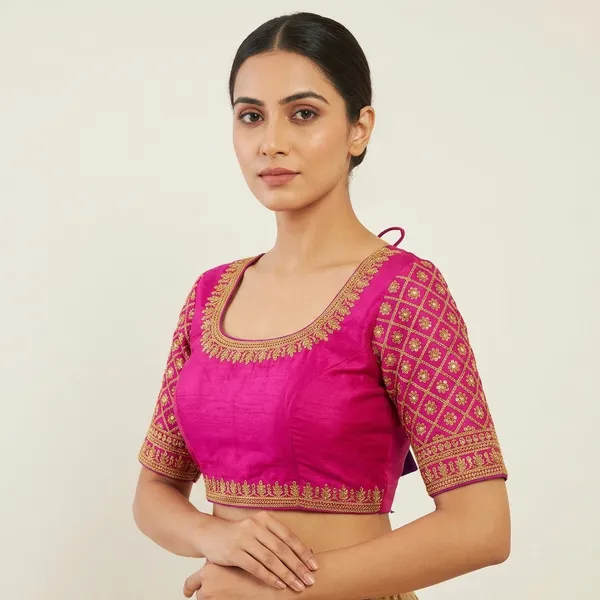 Pink_Silk_Round_Neck_Padded_Blouse_For_Women