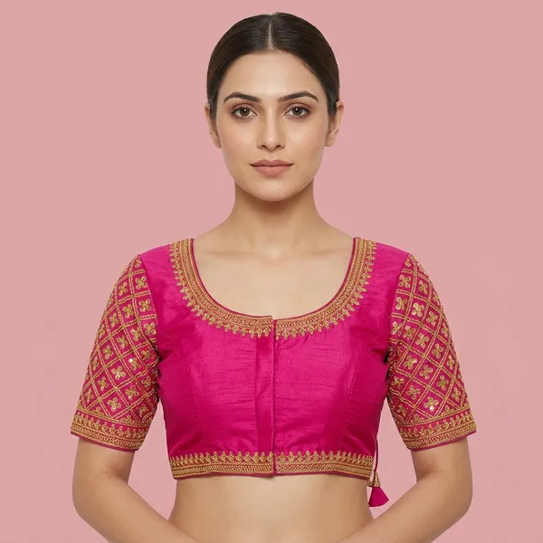 Pink_Silk_Round_Neck_Padded_Blouse_For_Women