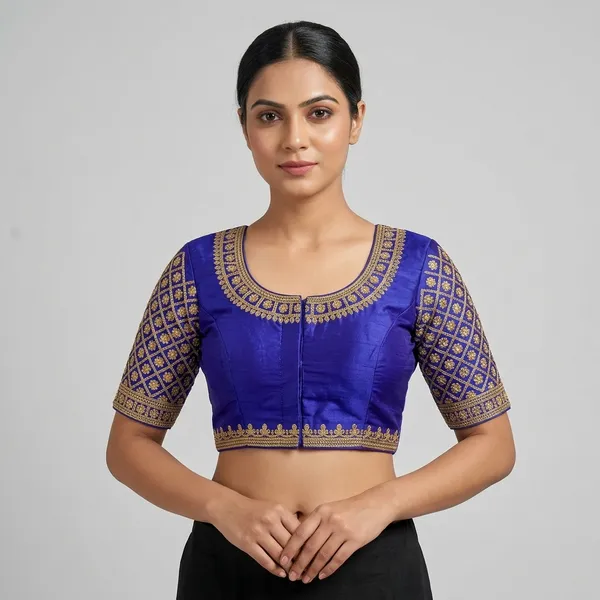 Blue_Silk_Padded_Front_Open_Blouse_For_Women
