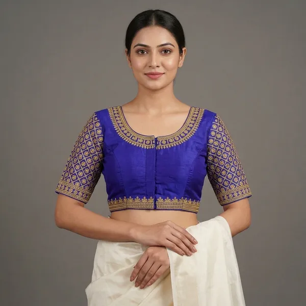 Blue_Silk_Padded_Front_Open_Blouse_For_Women