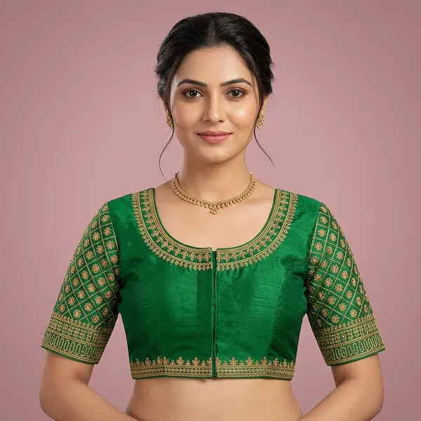 Green_Silk_Padded_Round_Neck_Blouse_For_Women