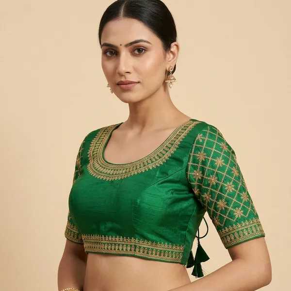 Green_Silk_Padded_Round_Neck_Blouse_For_Women