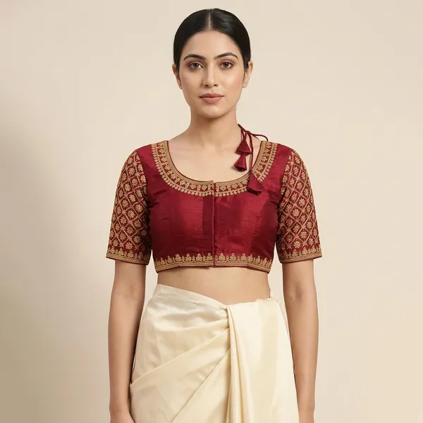 Maroon_Silk_Padded_Round_Neck_Blouse_For_Women